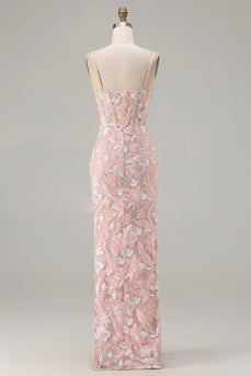 Sparkly Blush Pink Sheath Floral Sequin Long Corset Prom Dress