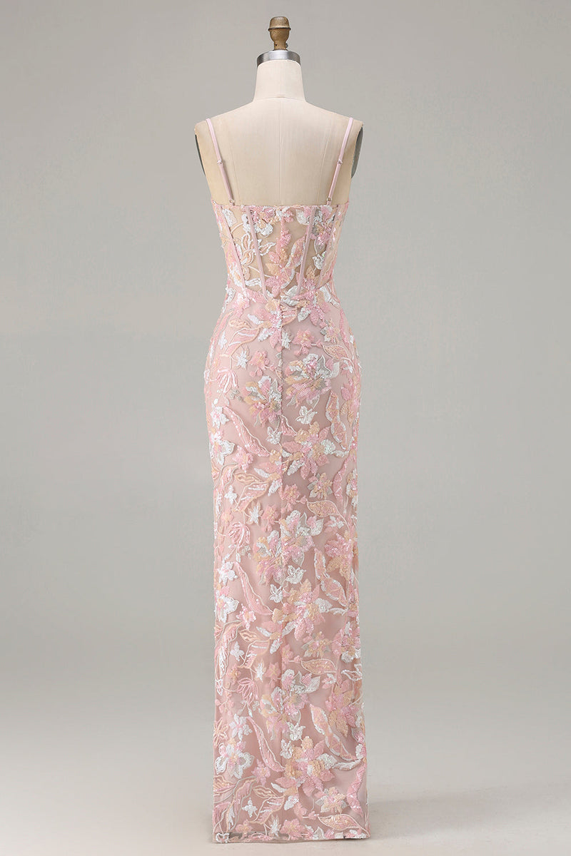 Load image into Gallery viewer, Sparkly Blush Pink Sheath Floral Sequin Long Corset Prom Dress