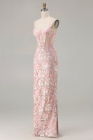 Load image into Gallery viewer, Sparkly Blush Pink Sheath Floral Sequin Long Corset Prom Dress