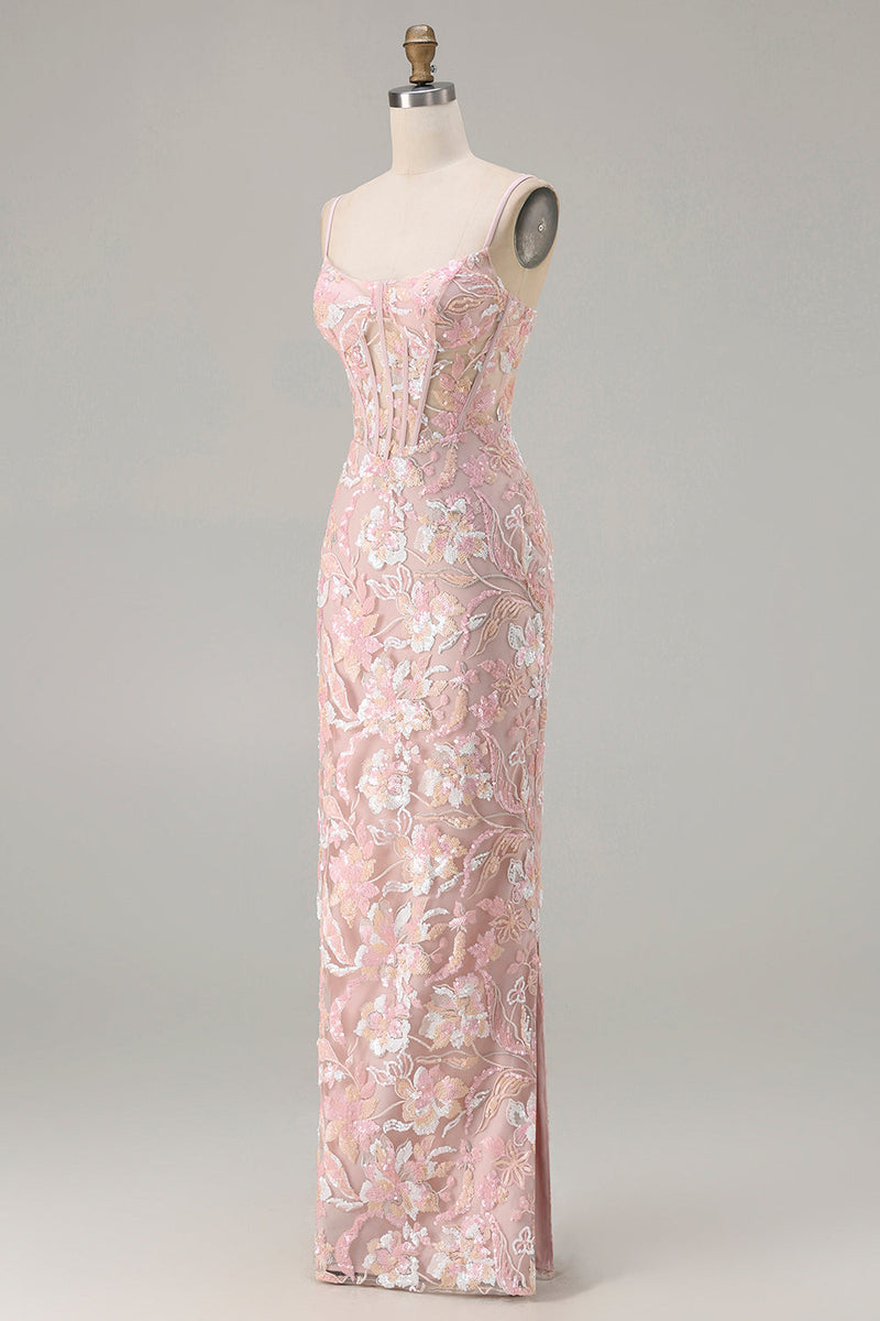Load image into Gallery viewer, Sparkly Blush Pink Sheath Floral Sequin Long Corset Prom Dress