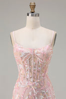 Load image into Gallery viewer, Sparkly Blush Pink Sheath Floral Sequin Long Corset Prom Dress