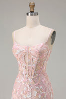 Load image into Gallery viewer, Sparkly Blush Pink Sheath Floral Sequin Long Corset Prom Dress