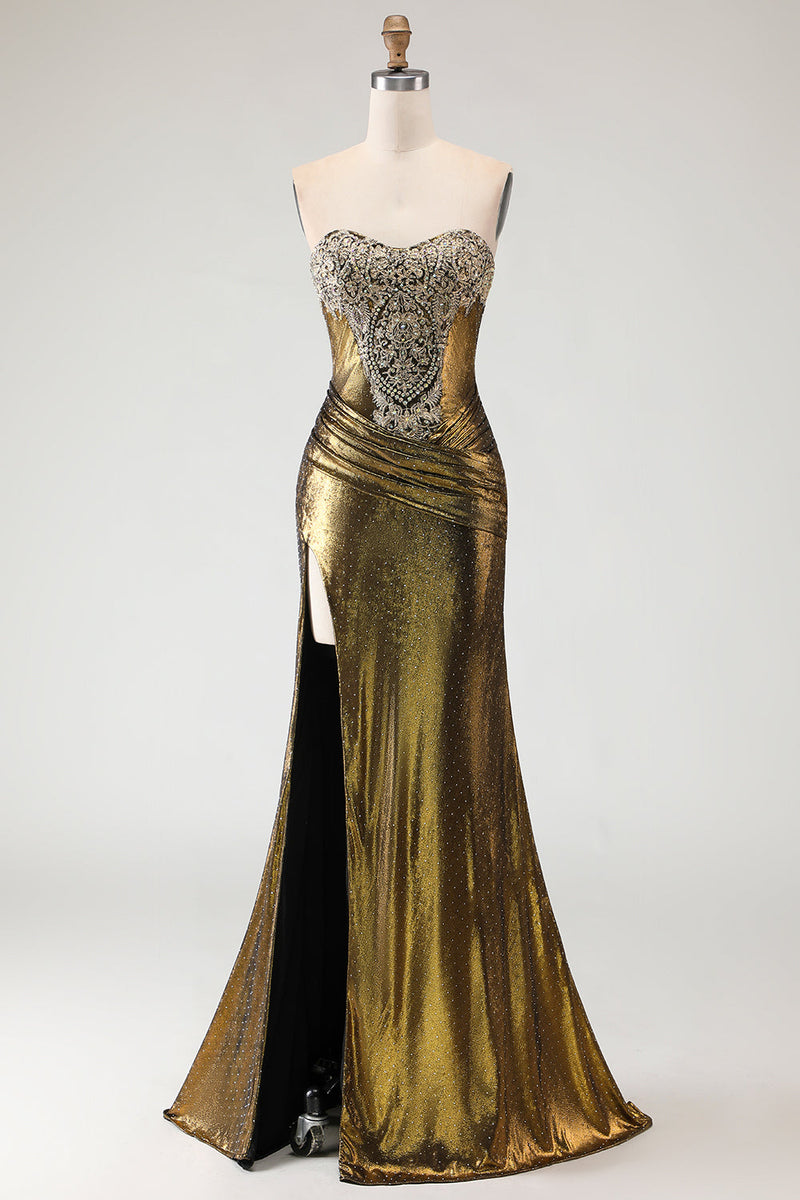 Load image into Gallery viewer, Sparkly Bronze Metallic Mermaid Long Prom Dress with Slit