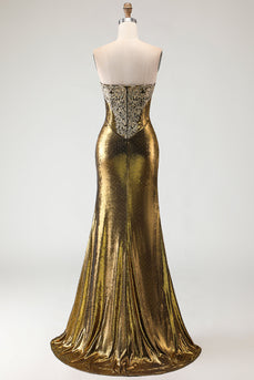 Sparkly Bronze Metallic Mermaid Long Prom Dress with Slit