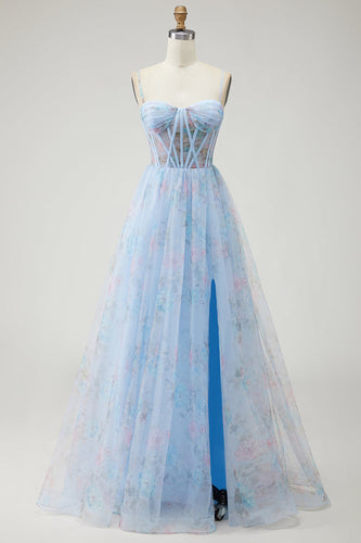 Floral Blue Spaghetti Straps Corset Long Prom Dress with Slit