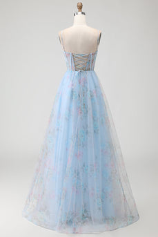 Floral Blue Spaghetti Straps Corset Long Prom Dress with Slit