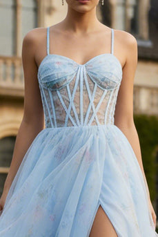 Blue Floral A Line Corset Spaghetti Straps Long Prom Dress with Slit