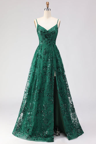 Sparkly Dark Green Lace A Line Floral Long Prom Dress with Slit