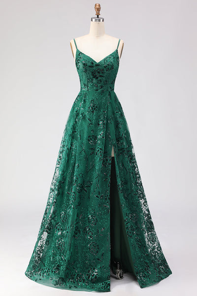 Sparkly Dark Green Lace A Line Floral Long Prom Dress with Slit