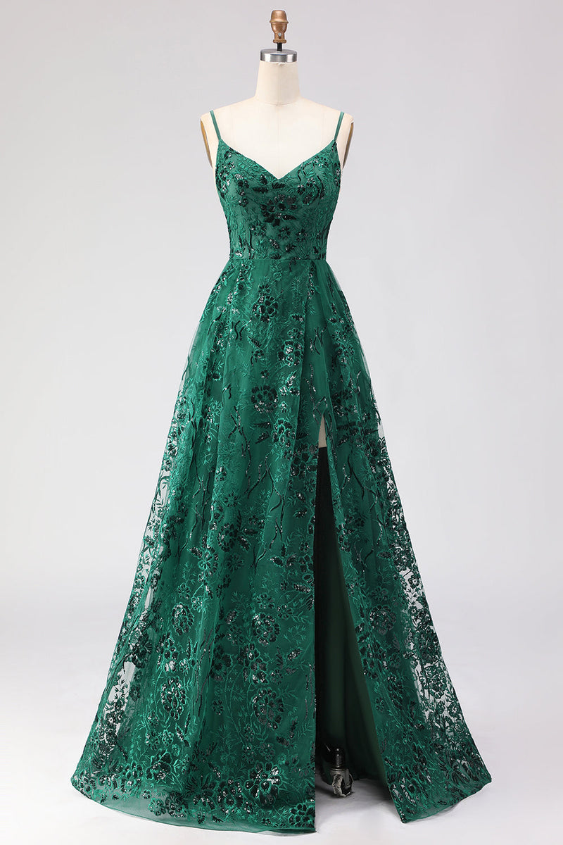 Load image into Gallery viewer, Sparkly Dark Green Lace A Line Floral Long Prom Dress with Slit