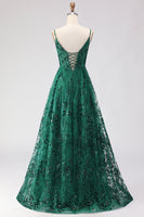 Load image into Gallery viewer, Sparkly Dark Green Lace A Line Floral Long Prom Dress with Slit