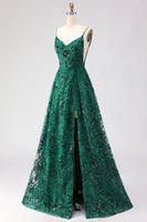 Load image into Gallery viewer, Sparkly Dark Green Lace A Line Floral Long Prom Dress with Slit