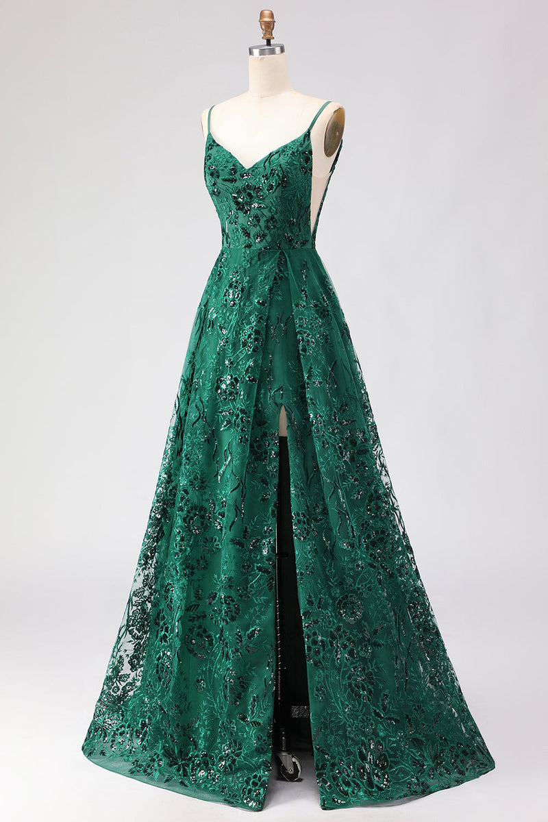 Load image into Gallery viewer, Sparkly Dark Green Lace A Line Floral Long Prom Dress with Slit