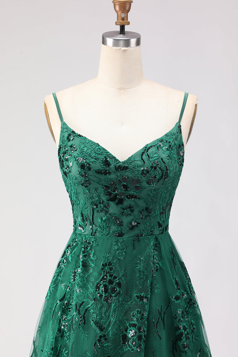 Load image into Gallery viewer, Sparkly Dark Green Lace A Line Floral Long Prom Dress with Slit