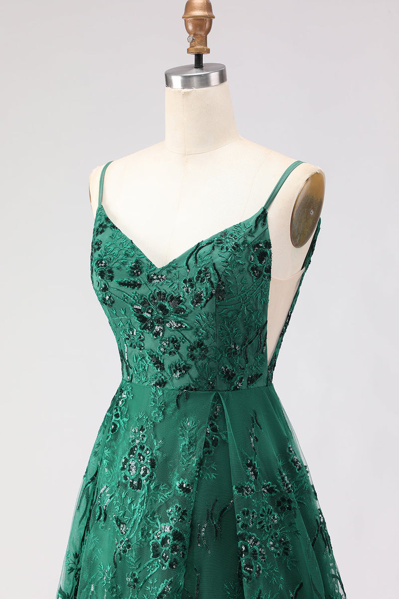 Load image into Gallery viewer, Sparkly Dark Green Lace A Line Floral Long Prom Dress with Slit