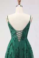Load image into Gallery viewer, Sparkly Dark Green Lace A Line Floral Long Prom Dress with Slit
