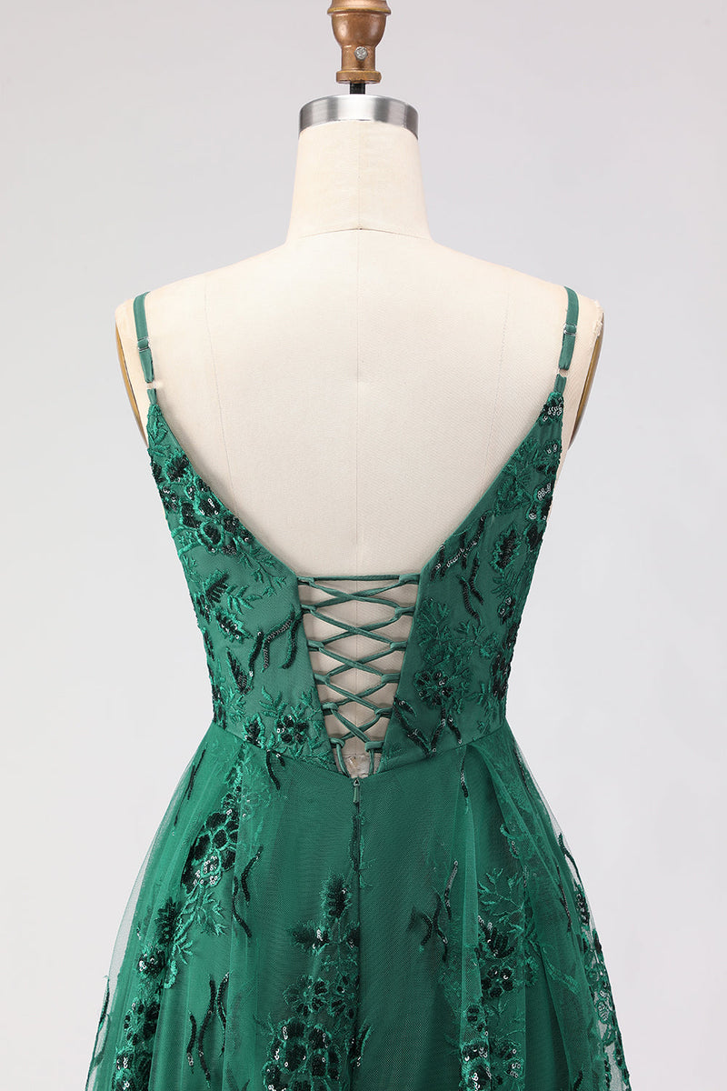 Load image into Gallery viewer, Sparkly Dark Green Lace A Line Floral Long Prom Dress with Slit
