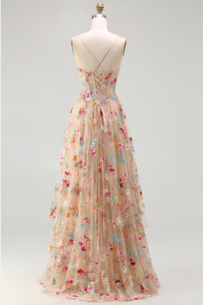 Sparkly Champagne Corset Flowers A-Line Long Prom Dress