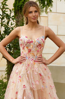 Load image into Gallery viewer, Ivory Floral Spaghetti Straps Corset A-Line Long Prom Dress with Slit