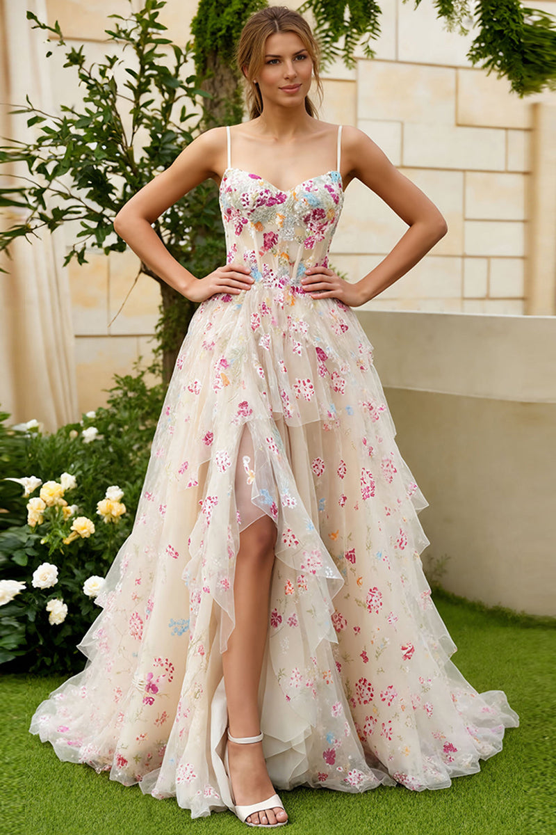 Load image into Gallery viewer, Ivory Floral Spaghetti Straps Corset A-Line Long Prom Dress with Slit