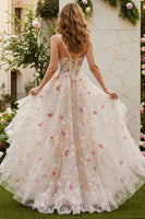 Load image into Gallery viewer, Ivory Floral Spaghetti Straps Corset A-Line Long Prom Dress with Slit