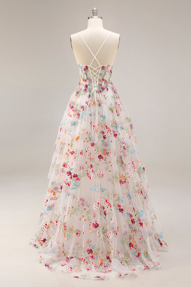 Load image into Gallery viewer, Sparkly Champagne Corset Flowers A-Line Long Prom Dress