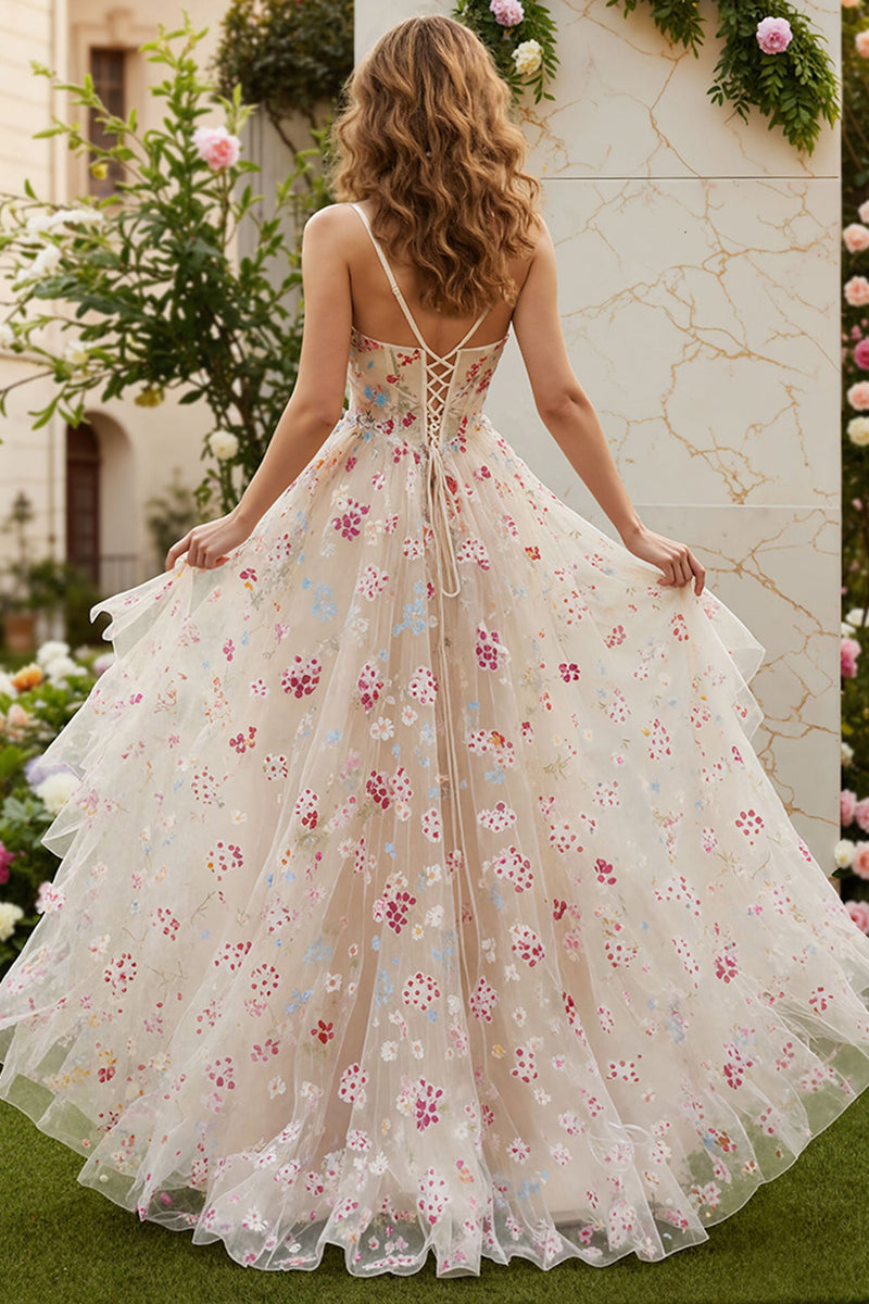 Load image into Gallery viewer, Ivory Floral Spaghetti Straps Corset A-Line Long Prom Dress with Slit