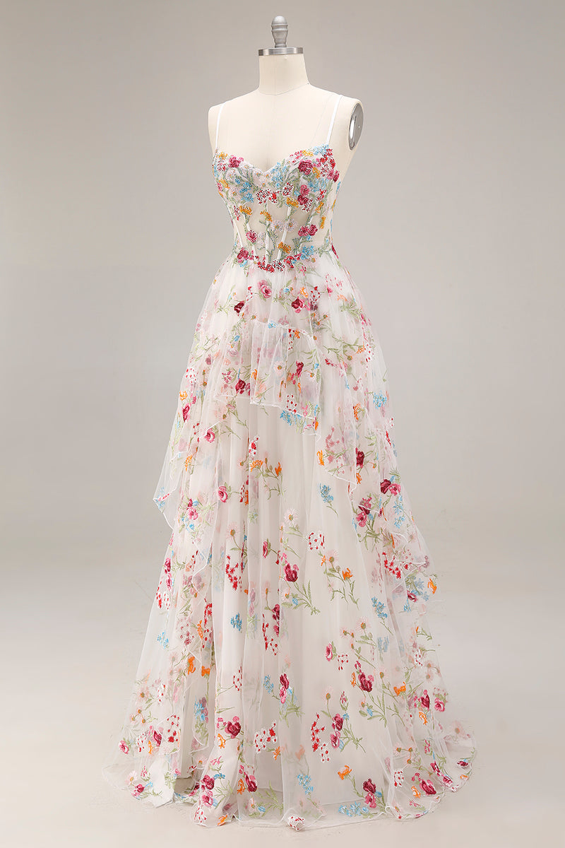 Load image into Gallery viewer, Sparkly Champagne Corset Flowers A-Line Long Prom Dress