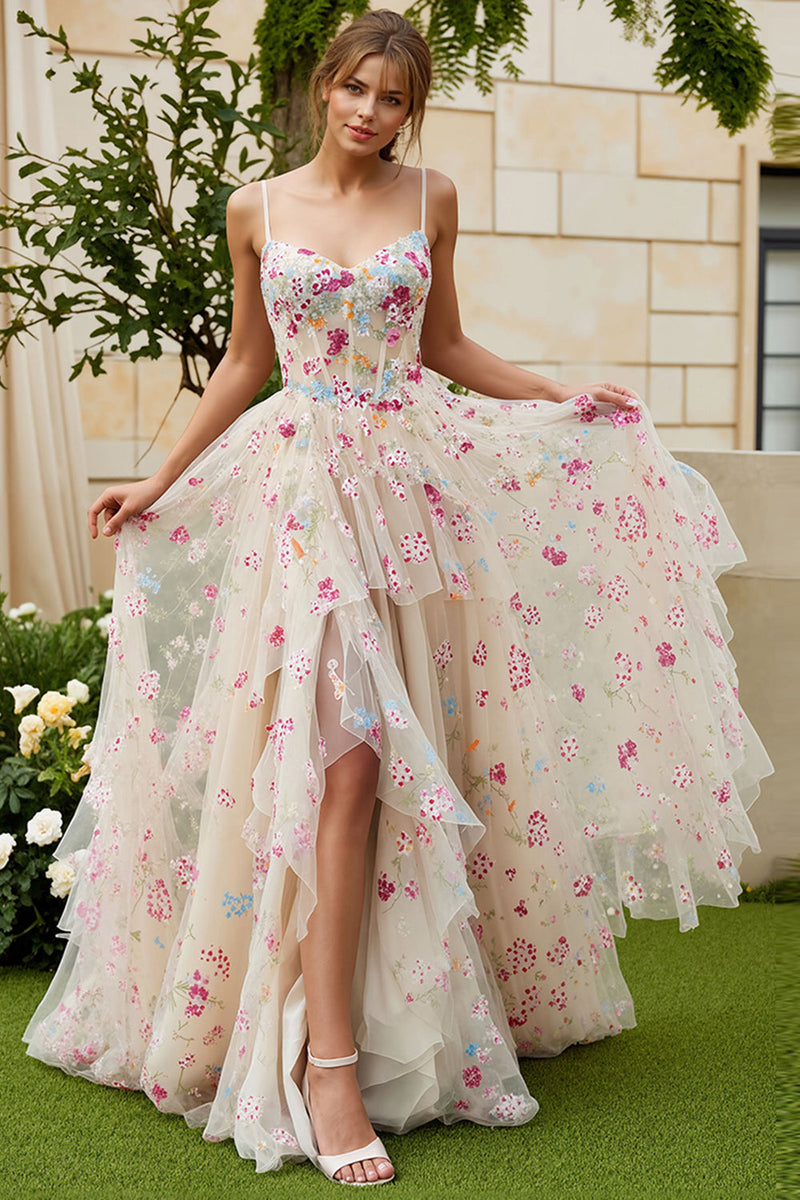 Load image into Gallery viewer, Ivory Floral Spaghetti Straps Corset A-Line Long Prom Dress with Slit