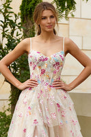 Load image into Gallery viewer, Ivory Floral Spaghetti Straps Corset A-Line Long Prom Dress with Slit