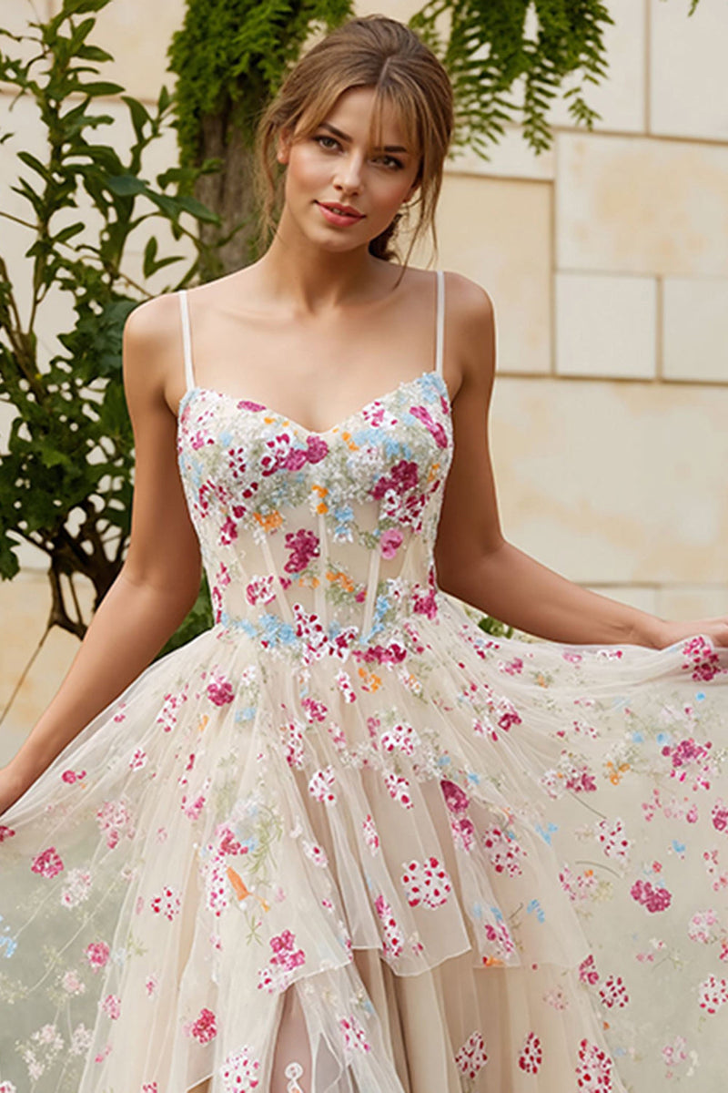 Load image into Gallery viewer, Ivory Floral Spaghetti Straps Corset A-Line Long Prom Dress with Slit