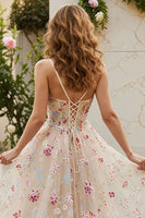 Load image into Gallery viewer, Ivory Floral Spaghetti Straps Corset A-Line Long Prom Dress with Slit