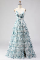Load image into Gallery viewer, Blue Ruffled A-Line Long Prom Dress with Slit