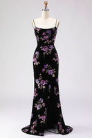 Load image into Gallery viewer, Black Floral Spaghetti Straps Mermaid Long Prom Dress with Slit