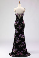 Load image into Gallery viewer, Black Floral Spaghetti Straps Mermaid Long Prom Dress with Slit