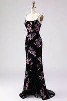 Load image into Gallery viewer, Black Floral Spaghetti Straps Mermaid Long Prom Dress with Slit