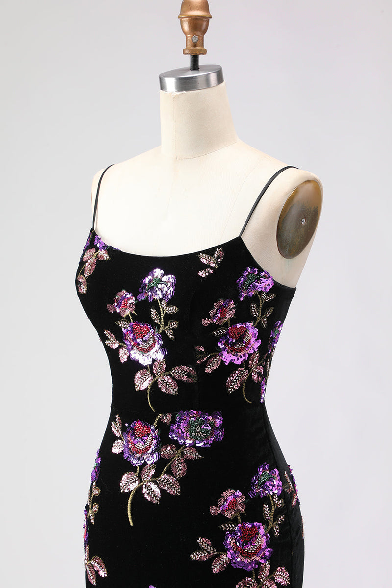 Load image into Gallery viewer, Black Floral Spaghetti Straps Mermaid Long Prom Dress with Slit