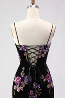 Load image into Gallery viewer, Black Floral Spaghetti Straps Mermaid Long Prom Dress with Slit