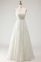 Load image into Gallery viewer, White and Yellow A Line Floral Long Prom Dress
