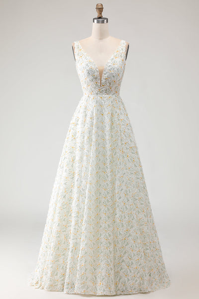 White and Yellow A Line Floral Long Prom Dress
