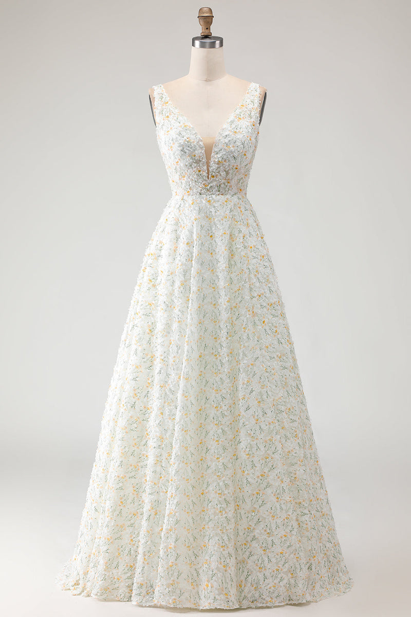 Load image into Gallery viewer, White and Yellow A Line Floral Long Prom Dress