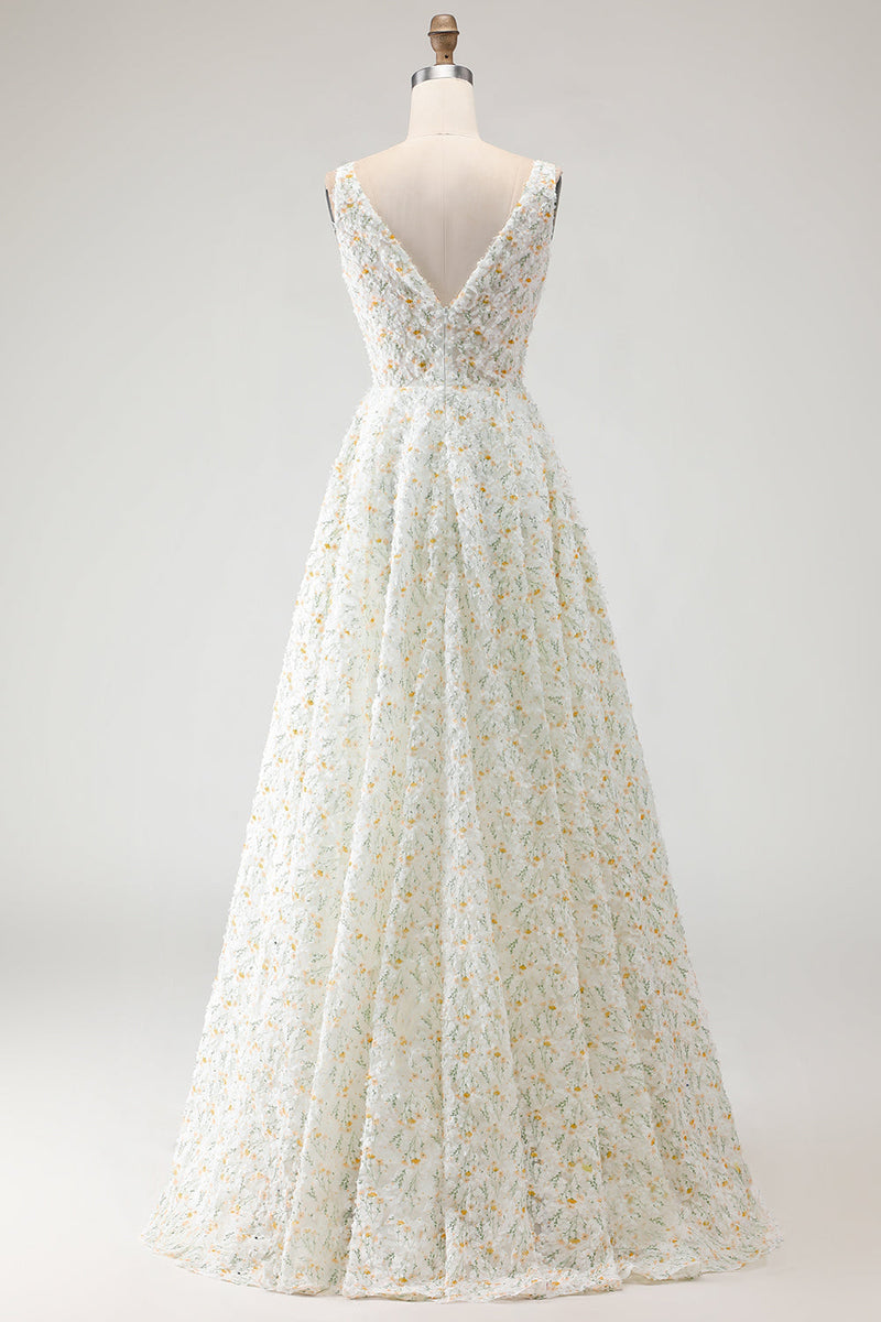 Load image into Gallery viewer, White and Yellow A Line Floral Long Prom Dress