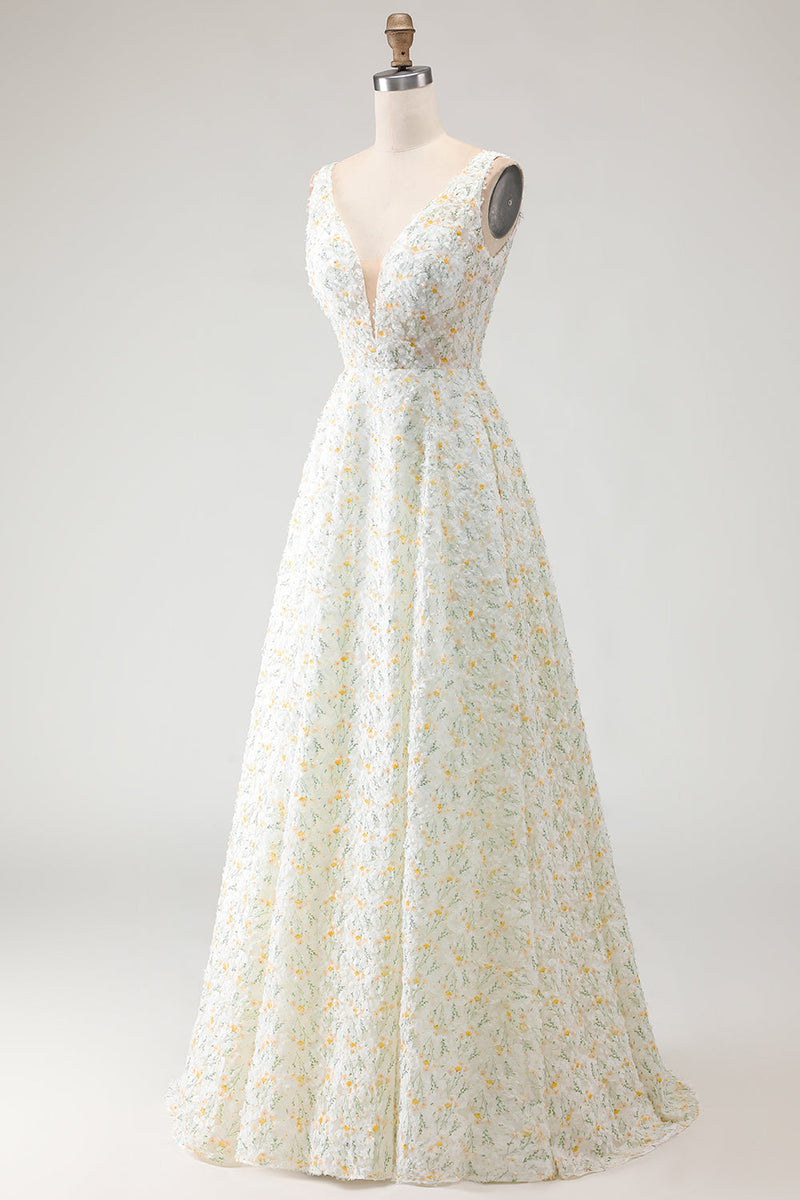 Load image into Gallery viewer, White and Yellow A Line Floral Long Prom Dress