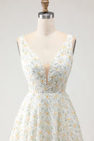Load image into Gallery viewer, White and Yellow A Line Floral Long Prom Dress