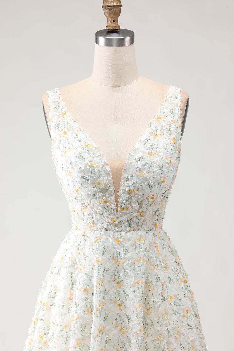 Load image into Gallery viewer, White and Yellow A Line Floral Long Prom Dress