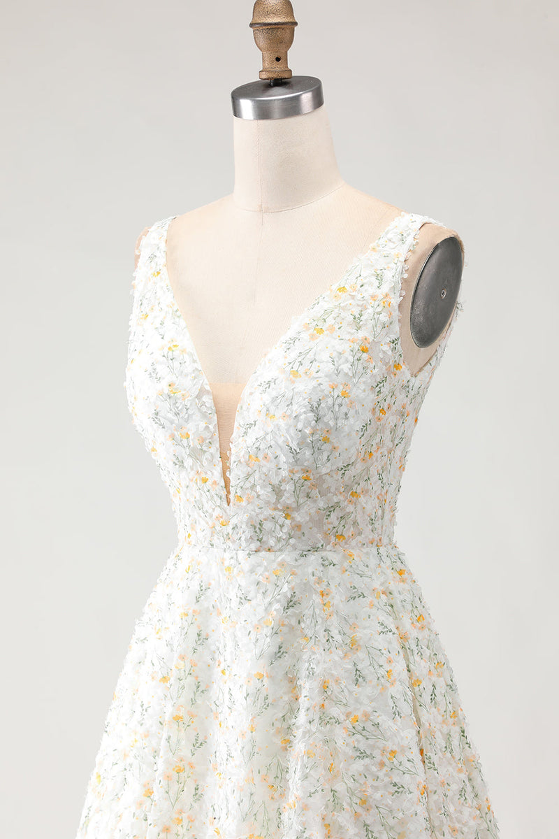 Load image into Gallery viewer, White and Yellow A Line Floral Long Prom Dress