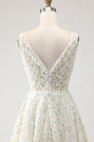 Load image into Gallery viewer, White and Yellow A Line Floral Long Prom Dress