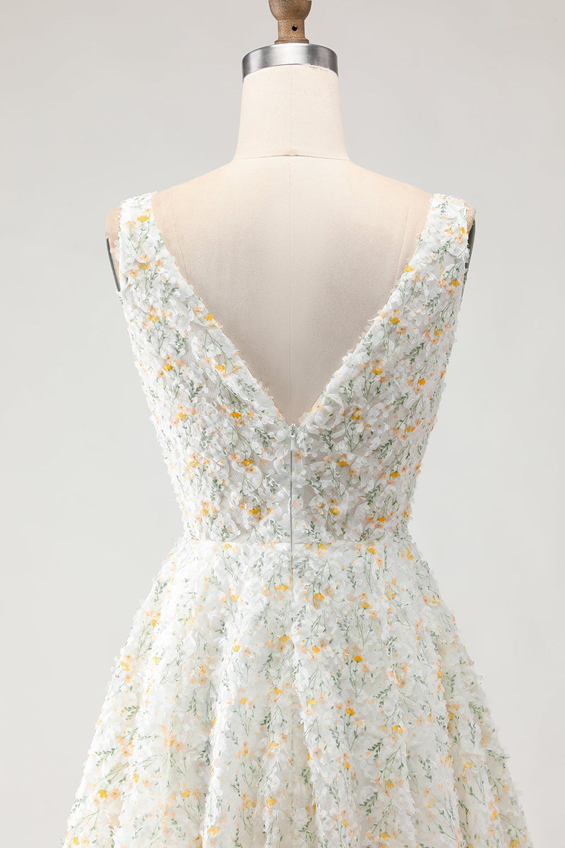 Load image into Gallery viewer, White and Yellow A Line Floral Long Prom Dress