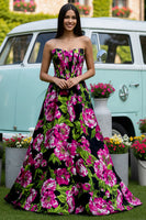 Load image into Gallery viewer, Floral Black A-Line Strapless Satin Long Corset Prom Dress