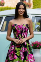 Load image into Gallery viewer, Floral Black A-Line Strapless Satin Long Corset Prom Dress